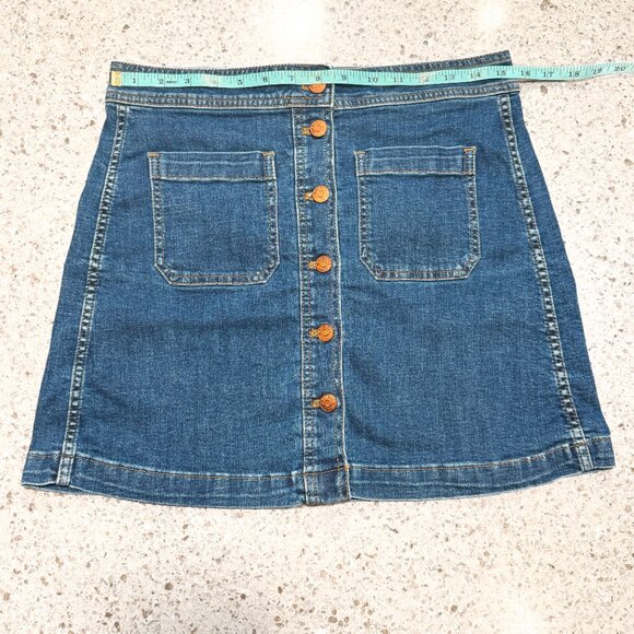 Madewell Stretch Denim A-Line Mini Skirt Dark Wash Patch Pockets Women's Size 8 - Picture 7 of 10